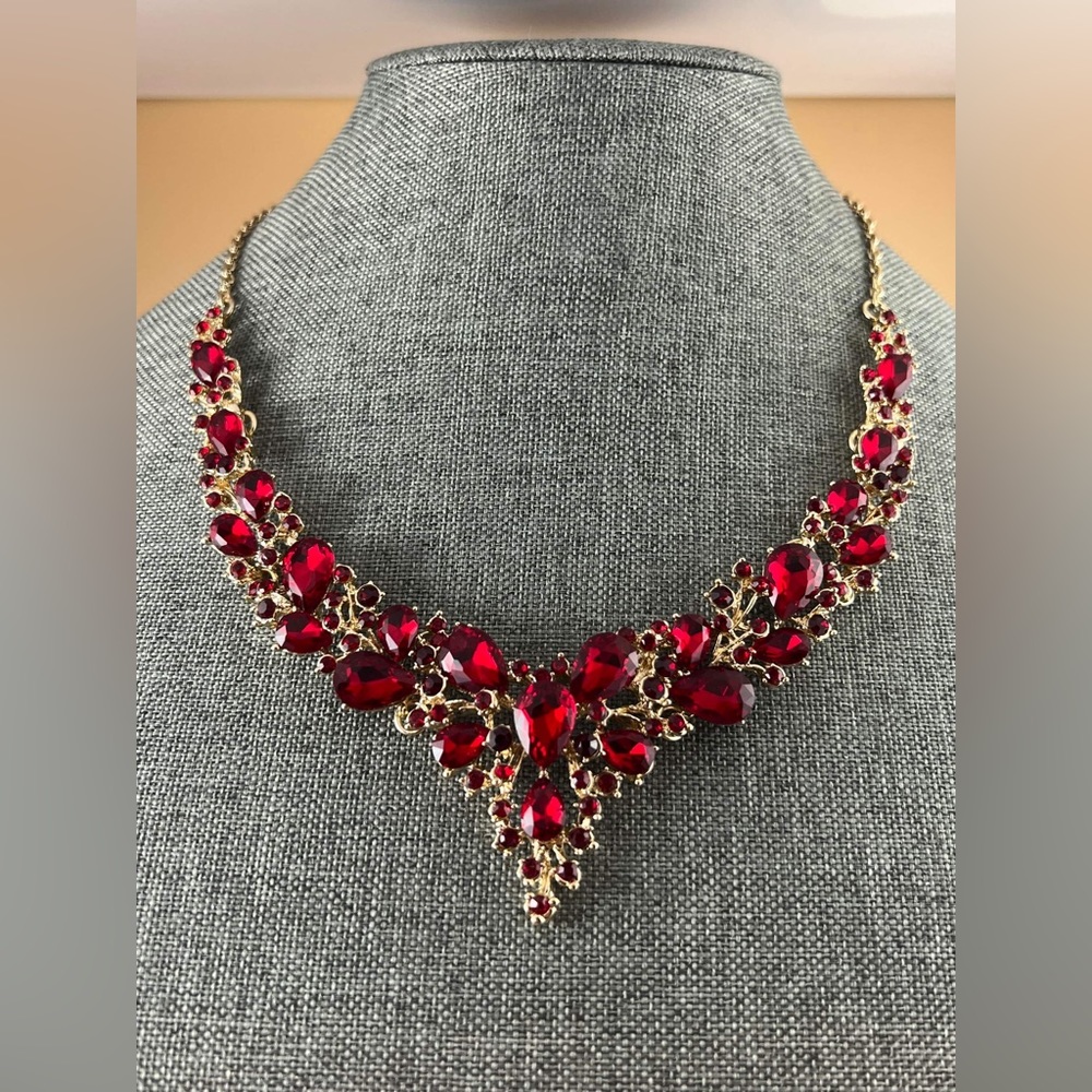 Red Statement Necklace, Necklace Earring Set, Large Crystal Necklace, Rhinestone